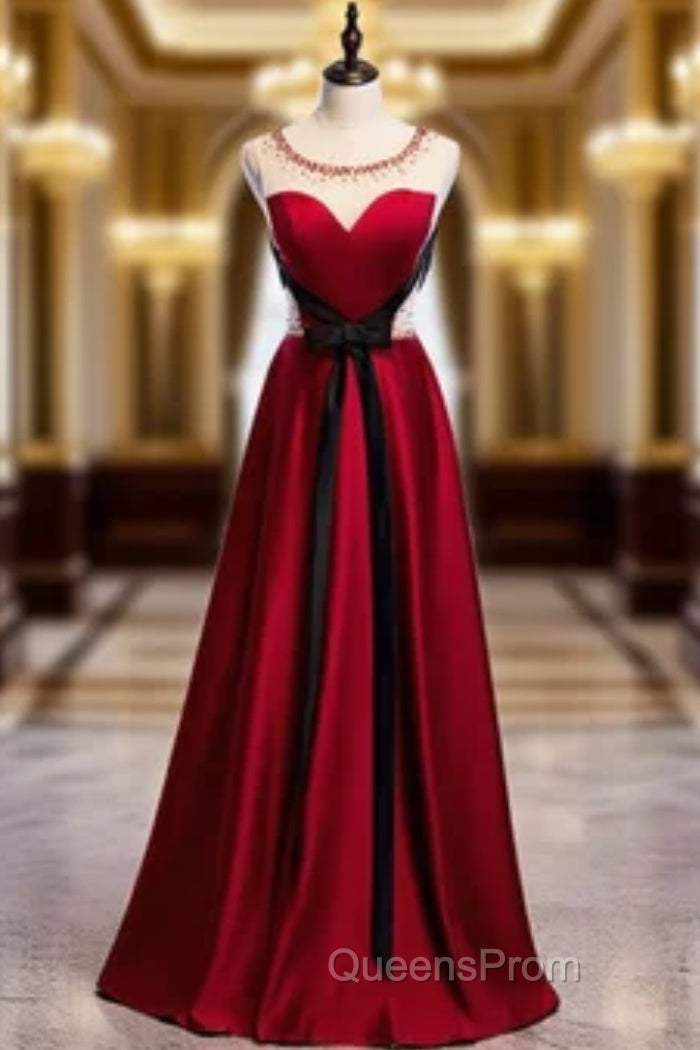 Fashion Burgundy Satin Beading Evening Prom Dress With Black Sash Main image