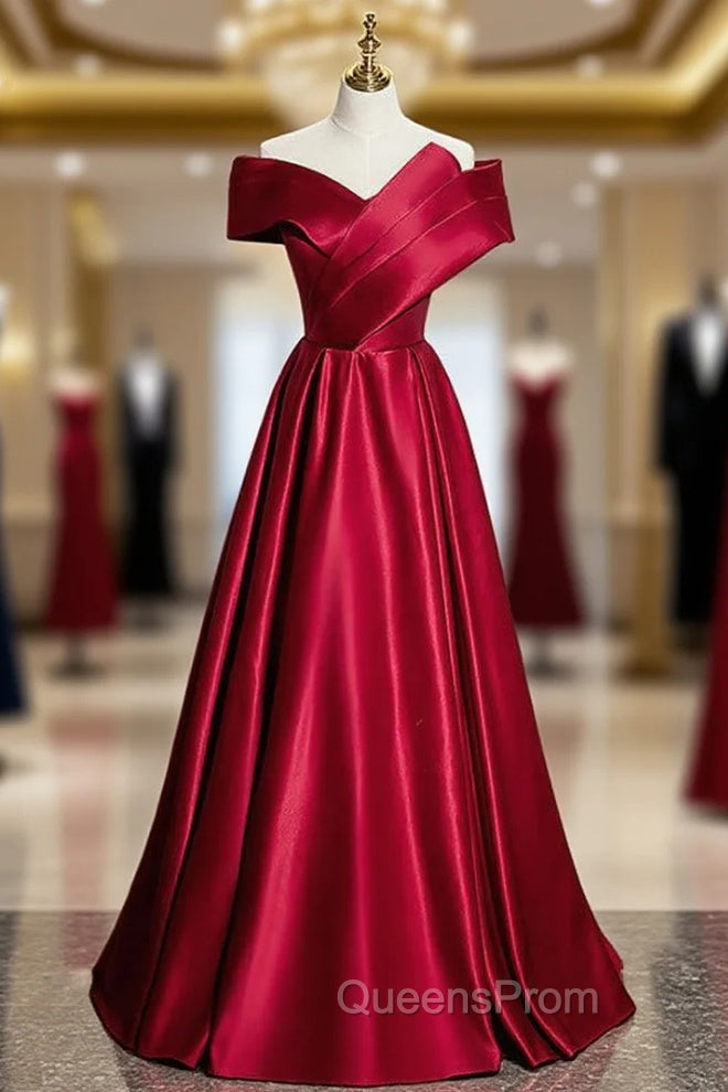 Fashion Burgundy Satin Off the Shoulder Pleats Evening Prom Dress Main image