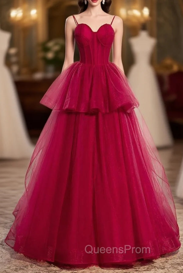 Fashion Burgundy Tulle Spaghetti Straps Long Evening Prom Dress