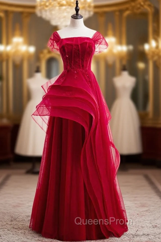 Fashion Burgundy Tulle Straps Beading Evening Prom Dress