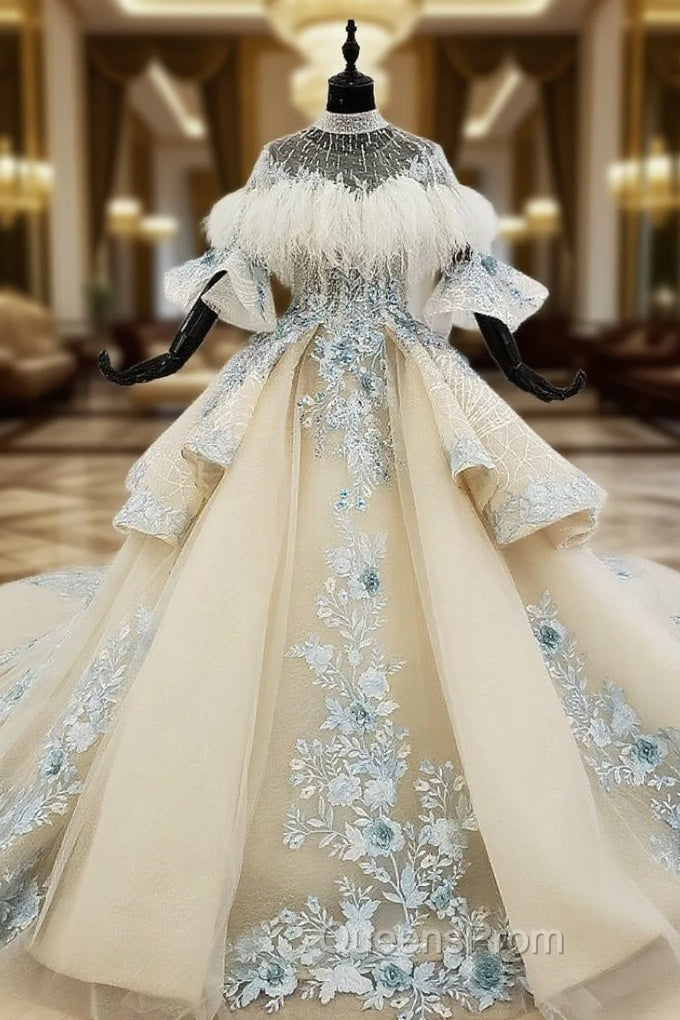 Fashion Champagne Ball Gown Tulle Appliques Short Sleeve Wedding Dress With Long Train Main image