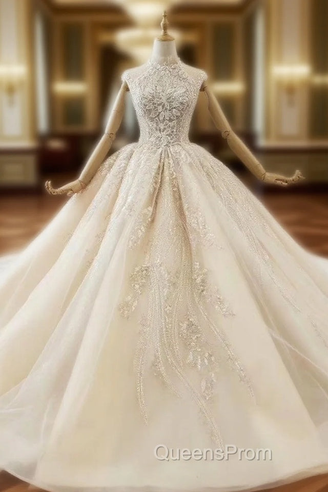 Fashion Dark Champagne Tulle Sequins Beading Wedding Dress With Train Main image