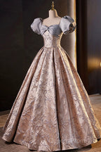 Fashion Floor-Length Printing Evening Prom Dress, A-Line Short Sleeve Backless Evening Formal Dress