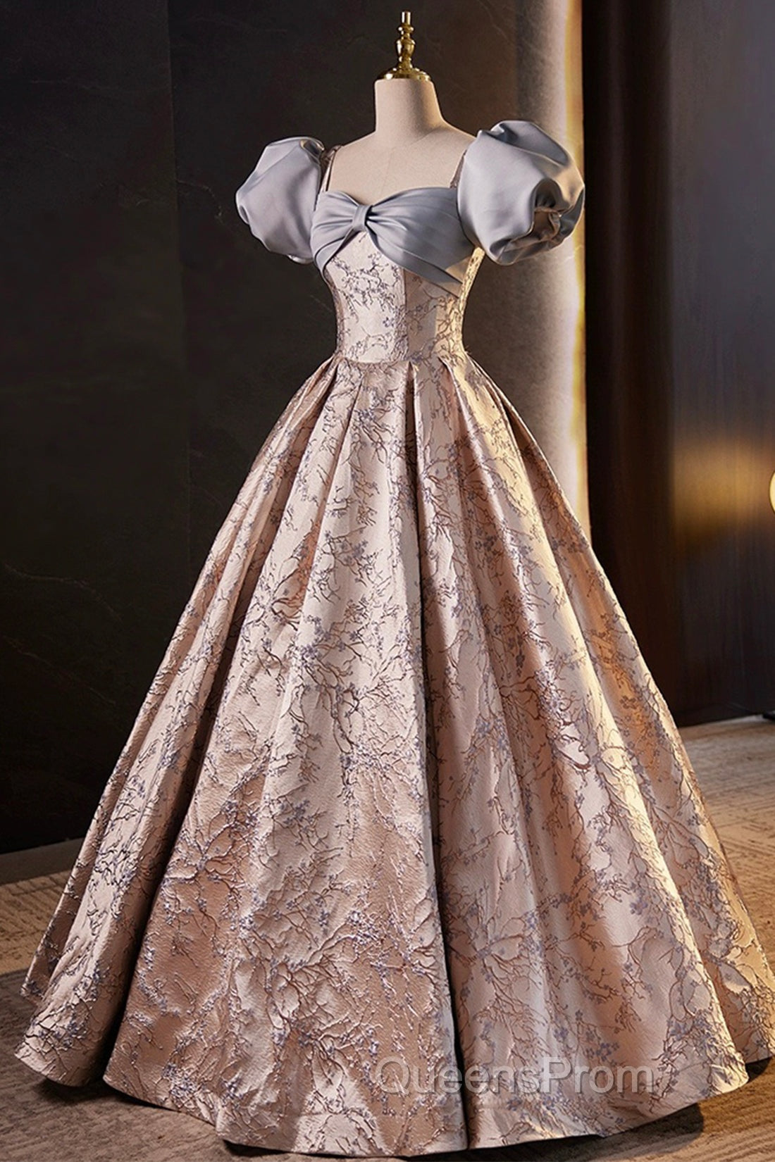 Fashion Floor-Length Printing Evening Prom Dress, A-Line Short Sleeve Backless Evening Formal Dress