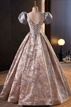 Fashion Floor-Length Printing Evening Prom Dress, A-Line Short Sleeve Backless Evening Formal Dress