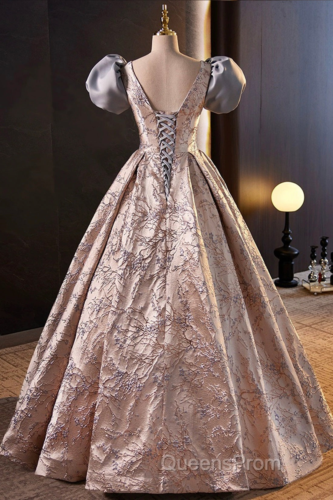 Fashion Floor-Length Printing Evening Prom Dress, A-Line Short Sleeve Backless Evening Formal Dress