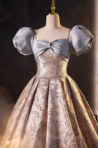 Fashion Floor-Length Printing Evening Prom Dress, A-Line Short Sleeve Backless Evening Formal Dress