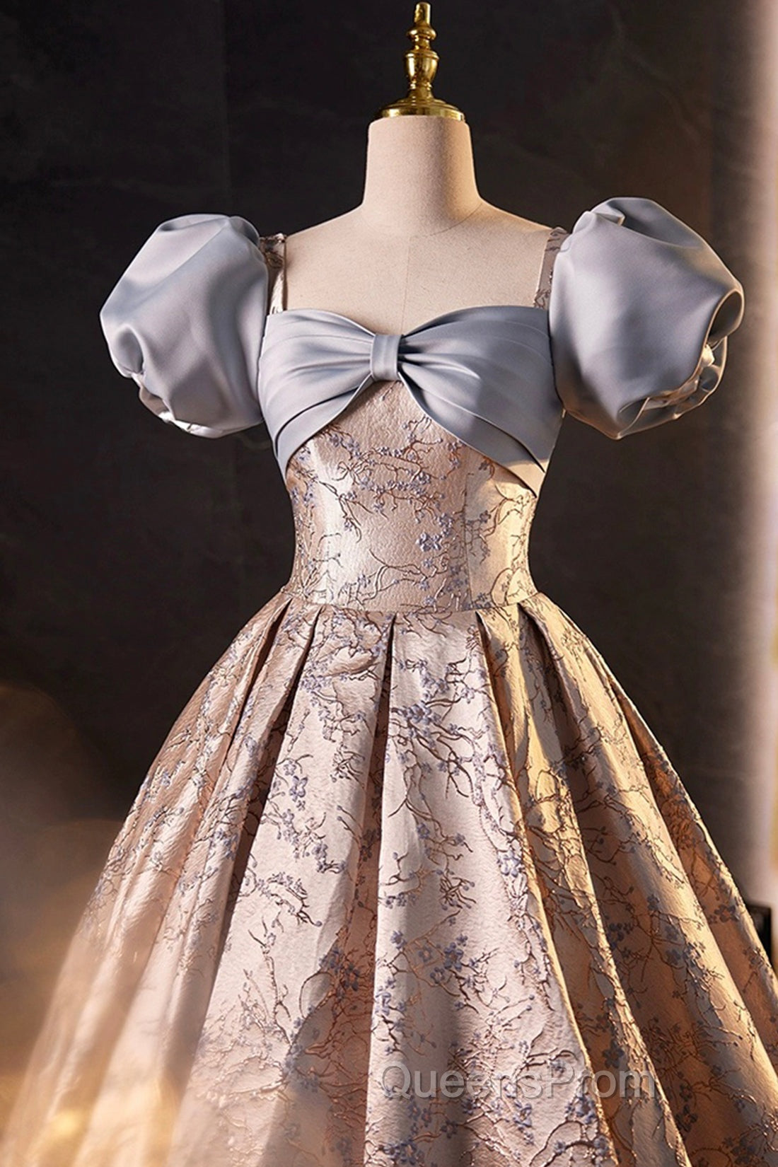 Fashion Floor-Length Printing Evening Prom Dress, A-Line Short Sleeve Backless Evening Formal Dress