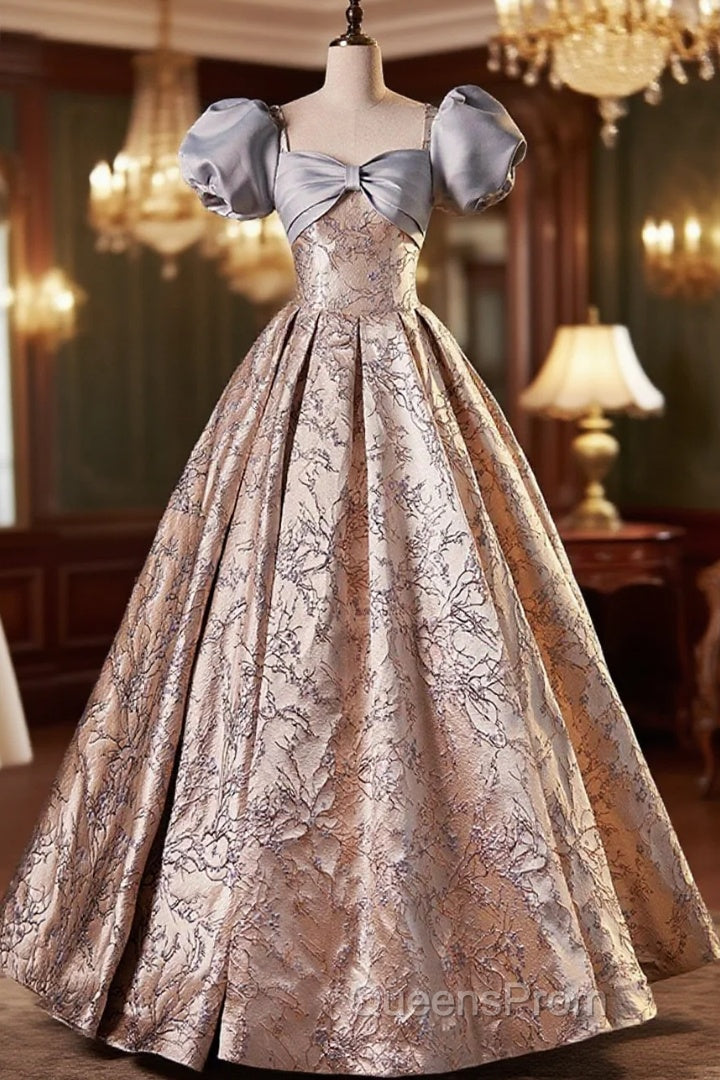 Fashion Floor-Length Printing Evening Prom Dress, A-Line Short Sleeve Backless Evening Formal Dress Main image