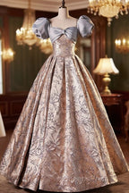 Fashion Floor-Length Printing Evening Prom Dress, A-Line Short Sleeve Backless Evening Formal Dress