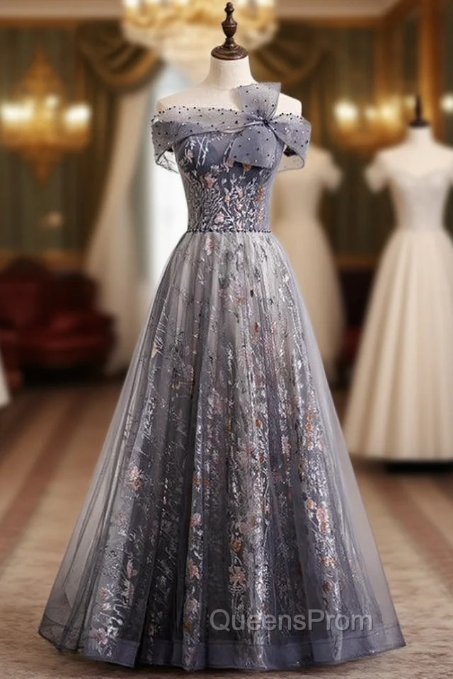 Fashion Gray Tulle Off the Shoulder Beading Evening Prom Dress Main image