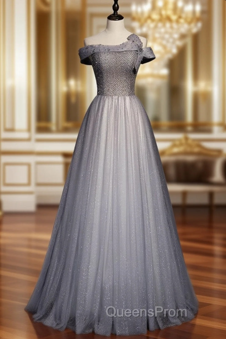 Fashion Gray Tulle Sequins Off the Shoulder Beading Evening Prom Dress