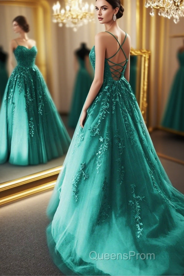 Fashion Green Lace Appliques Open Back Tulle Long Evening Prom Dress, Green Lace Formal Dress, Green Evening Dress Main image