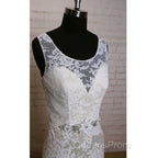 Fashion Ivory Lace Elegant Scoop Neck Open Back Vintage Column Sweep Trailing Wedding Dress,