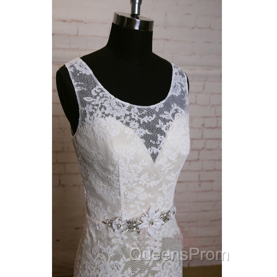 Fashion Ivory Lace Elegant Scoop Neck Open Back Vintage Column Sweep Trailing Wedding Dress,
