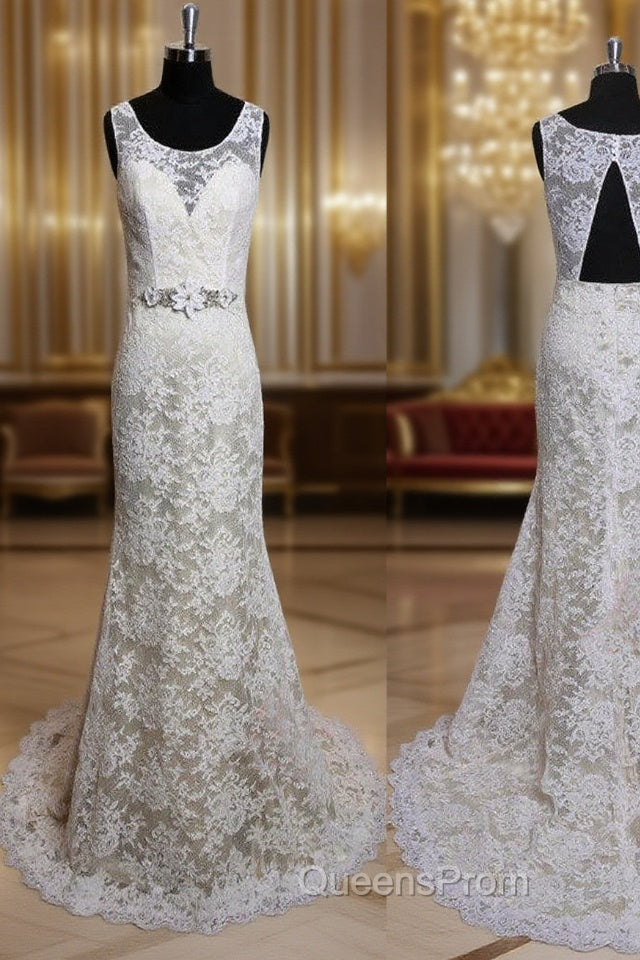 Fashion Ivory Lace Elegant Scoop Neck Open Back Vintage Column Sweep Trailing Wedding Dress, Main image
