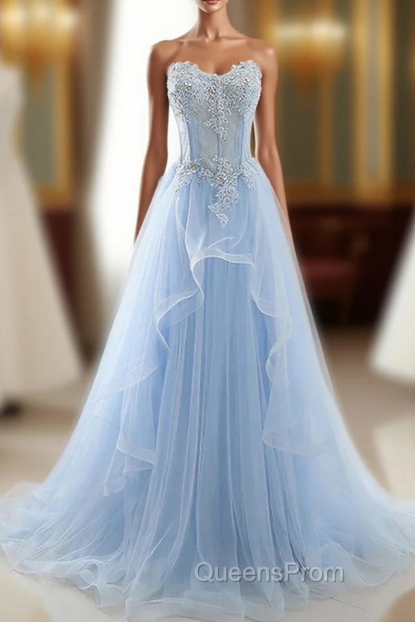 Fashion Light Blue Evening Dress Long Evening Prom Dress A Line Off Shoulder Elegant Main image
