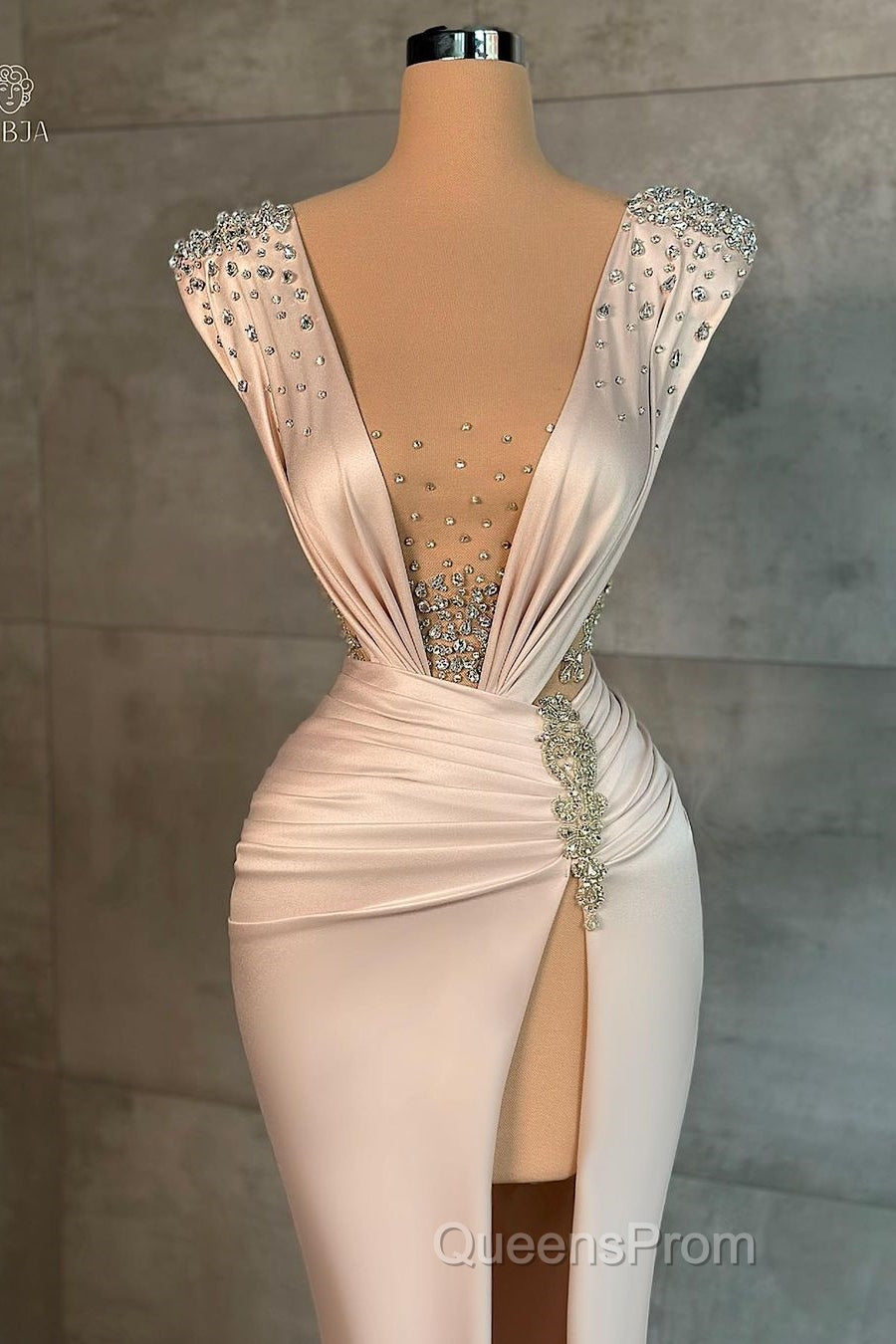 Fashion Long V-neck Split Front Mermaid Evening Evening Prom Dress With Rhinestones