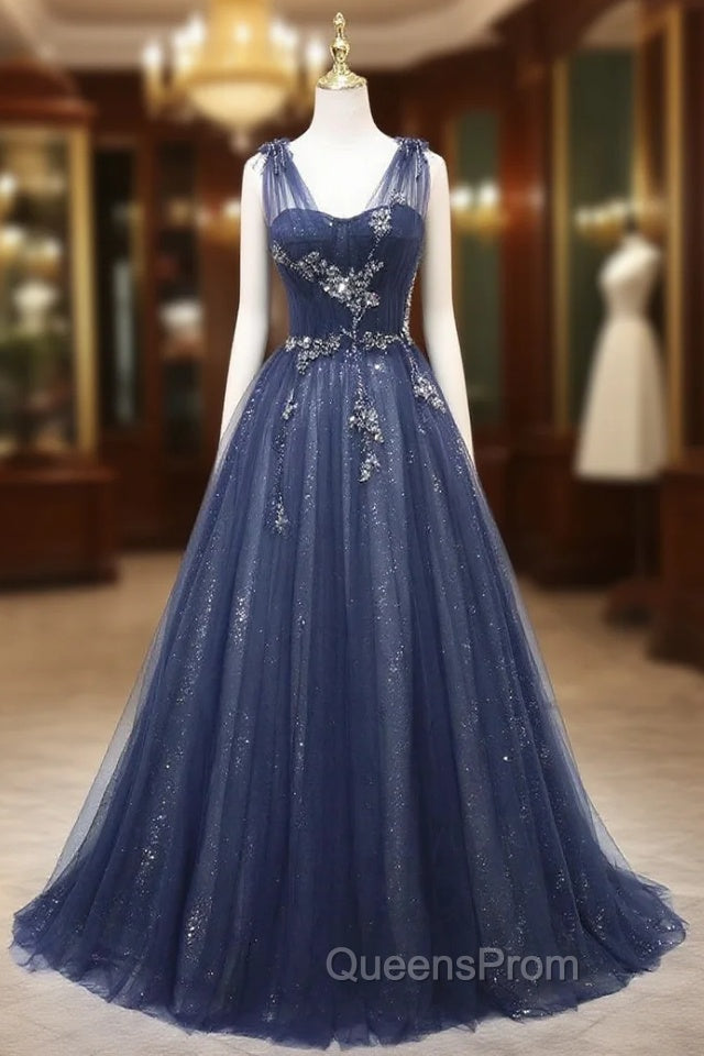 Fashion Navy Blue Tulle Sequins V-neck Evening Prom Dress Main image