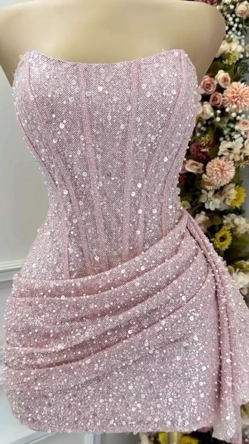 Fashion Pink Strapless Bodycon Short Classy Prom Dress Glitter Sequin Homecoming Dress
