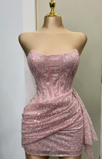 Fashion Pink Strapless Bodycon Short Classy Prom Dress Glitter Sequin Homecoming Dress