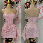 Fashion Pink Strapless Bodycon Short Classy Prom Dress Glitter Sequin Homecoming Dress