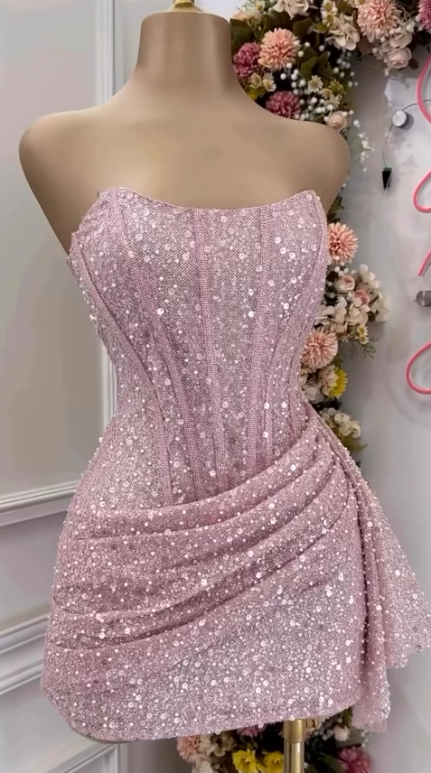 Fashion Pink Strapless Bodycon Short Classy Prom Dress Glitter Sequin Homecoming Dress