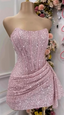 Fashion Pink Strapless Bodycon Short Classy Prom Dress Glitter Sequin Homecoming Dress