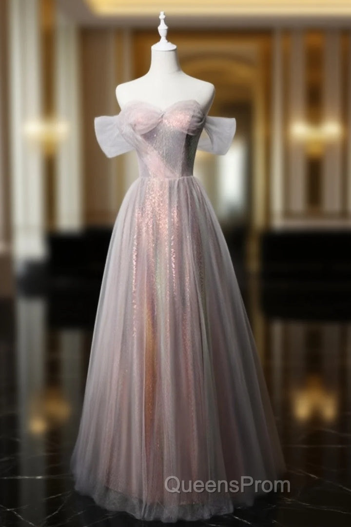 Fashion Pink Tulle Sequins Off the Shoulder Evening Prom Dress Main image