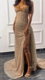 Elegant Strapless Shiny Beaded Sequin Long Classy Prom Dress Classy Evening Dress With Slit