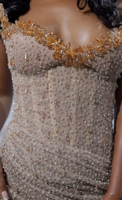 Elegant Strapless Shiny Beaded Sequin Long Classy Prom Dress Classy Evening Dress With Slit