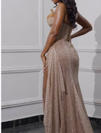 Elegant Strapless Shiny Beaded Sequin Long Classy Prom Dress Classy Evening Dress With Slit
