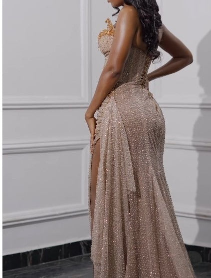 Elegant Strapless Shiny Beaded Sequin Long Classy Prom Dress Classy Evening Dress With Slit