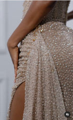 Elegant Strapless Shiny Beaded Sequin Long Classy Prom Dress Classy Evening Dress With Slit