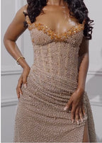 Elegant Strapless Shiny Beaded Sequin Long Classy Prom Dress Classy Evening Dress With Slit