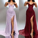 Elegant Strapless Shiny Beaded Sequin Long Classy Prom Dress Classy Evening Dress With Slit