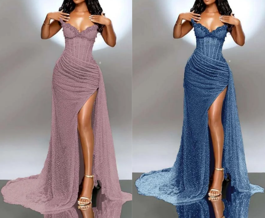 Elegant Strapless Shiny Beaded Sequin Long Classy Prom Dress Classy Evening Dress With Slit
