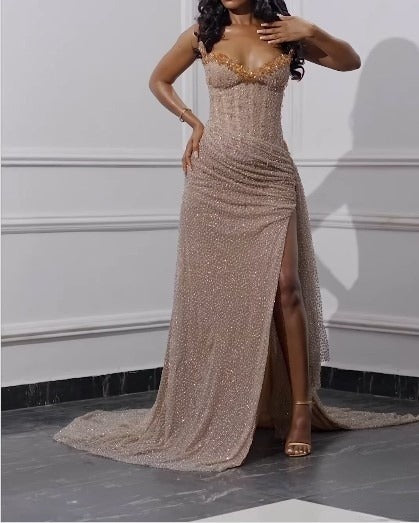 Elegant Strapless Shiny Beaded Sequin Long Classy Prom Dress Classy Evening Dress With Slit Main image