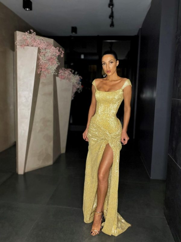 Yellow Shiny Sequins Long Fashion Sleeveless Slit Sexy Ball Gown Classy Evening Dress