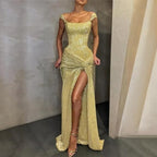 Yellow Shiny Sequins Long Fashion Sleeveless Slit Sexy Ball Gown Classy Evening Dress