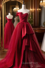 Fashion Tulle Satin Long Evening Dress Red Evening Prom Dress