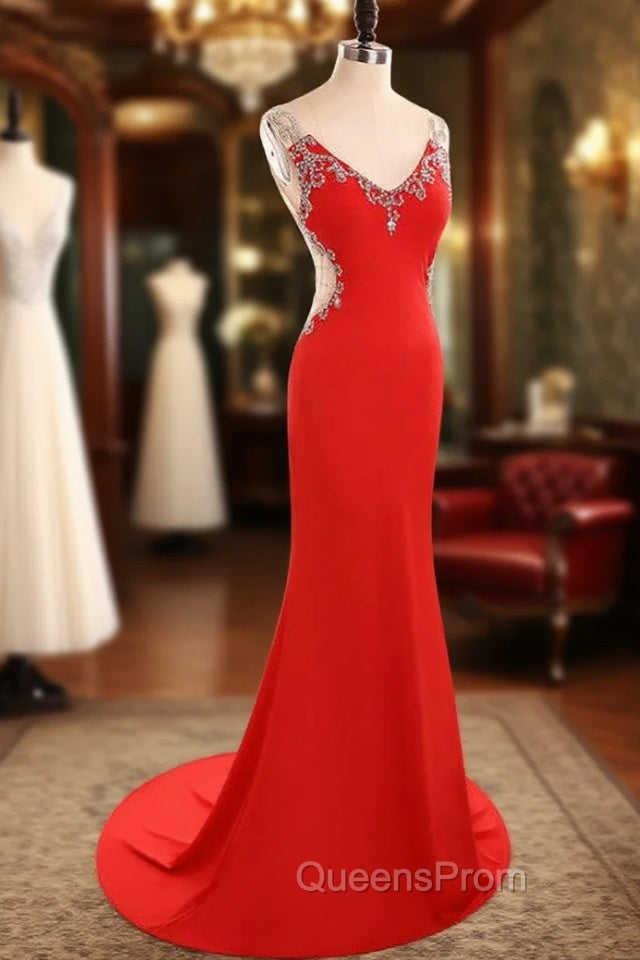 Fashion V Neck Mermaid Satin Lace Beaded Red Long Evening Dress Main image