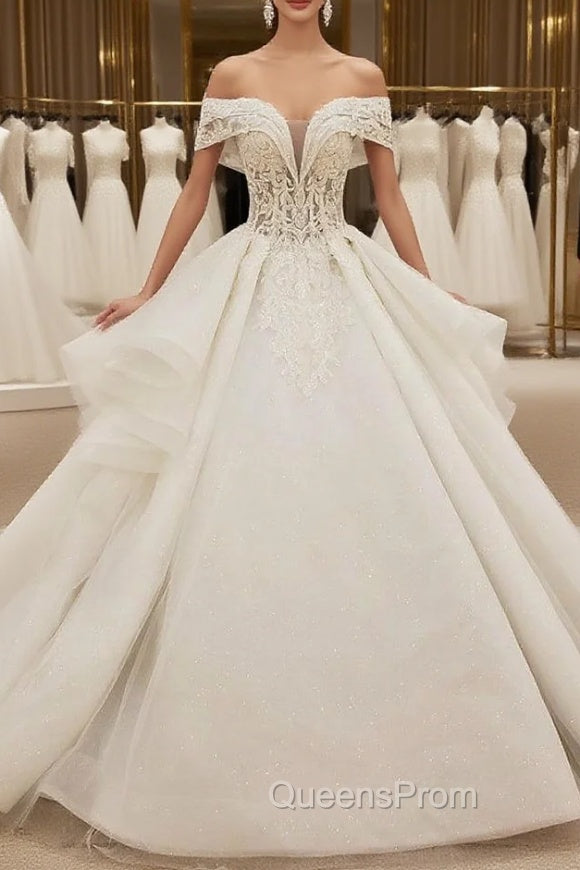 Fashion White Ball Gown Tulle Off the Shoulder Wedding Dress With Beading