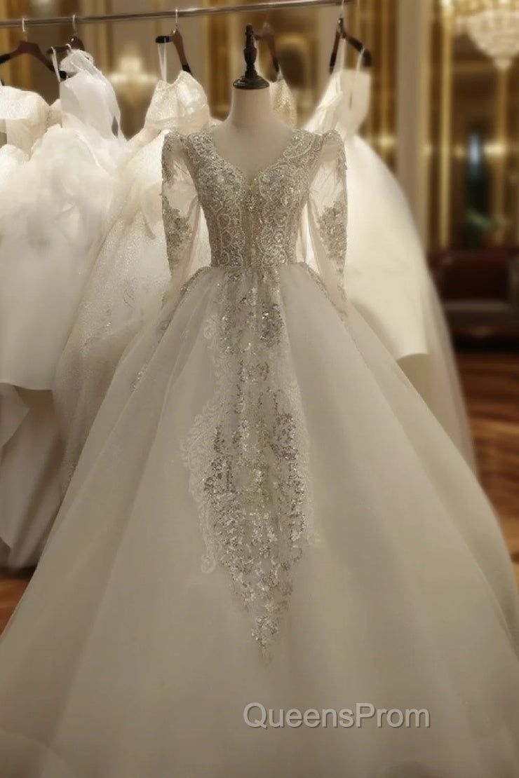 Fashion White Tulle V-neck Long Sleeve Beading Wedding Dress Main image