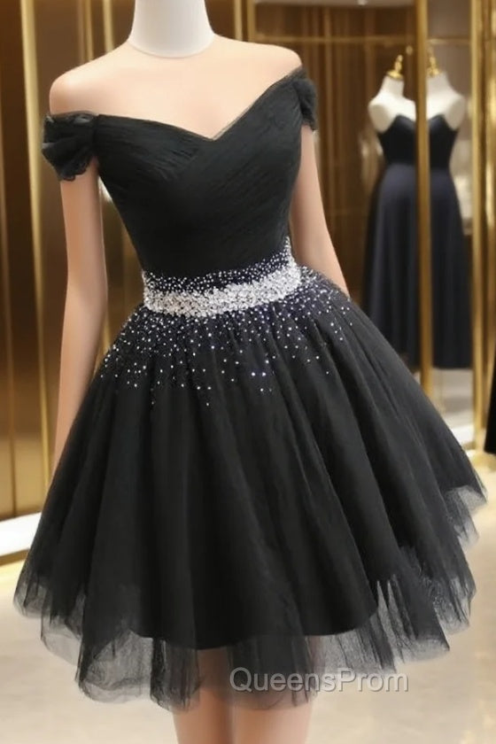 Fashionable Black Short Beaded Party Dress, Black Evening Prom Dress Main image