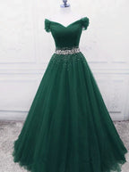 Fashionable Dark Green Long Beade Classy Dress, Green Classy Prom Dress