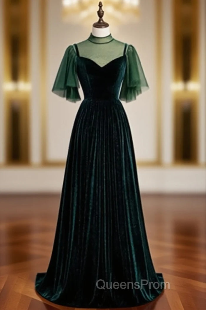 Fashionable Dark Green Velvet Long Party Gown, Green Bridesmaid Dress Main image