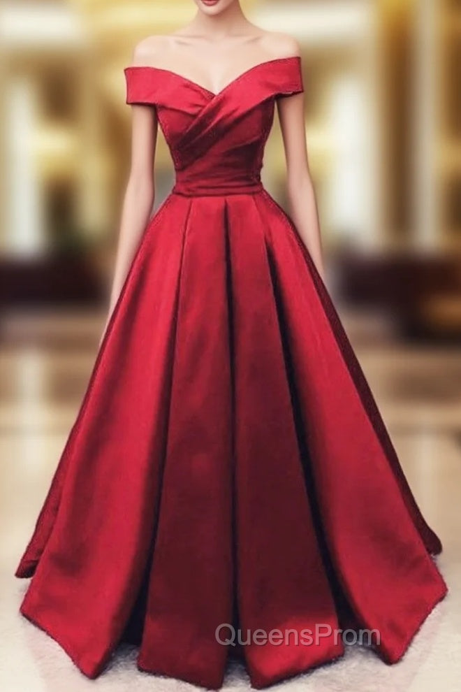 Fashionable Dark Red Satin Simple Off Shoulder Evening Prom Dress, Red Party Dress Evening Dress