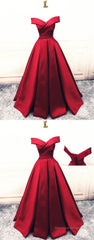 Fashionable Dark Red Satin Simple Off Shoulder Prom Dress, Red Party Dress Evening Dress