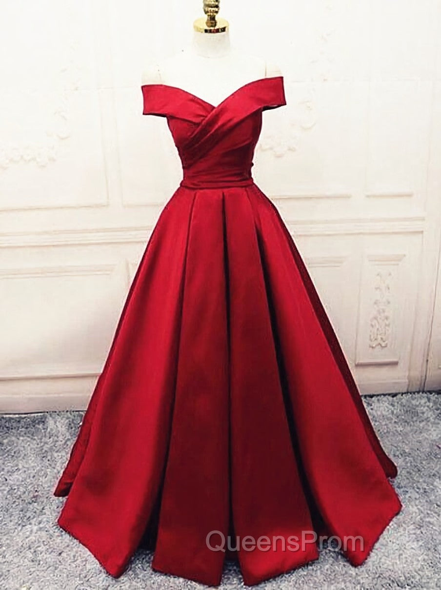 Fashionable Dark Red Satin Simple Off Shoulder Evening Prom Dress, Red Party Dress Evening Dress